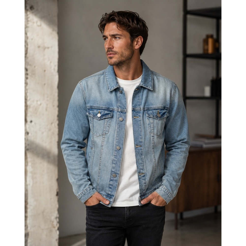 ASOS‎ Jacket Mens Large Blue Light Wash Denim Distressed Streetwear Grunge